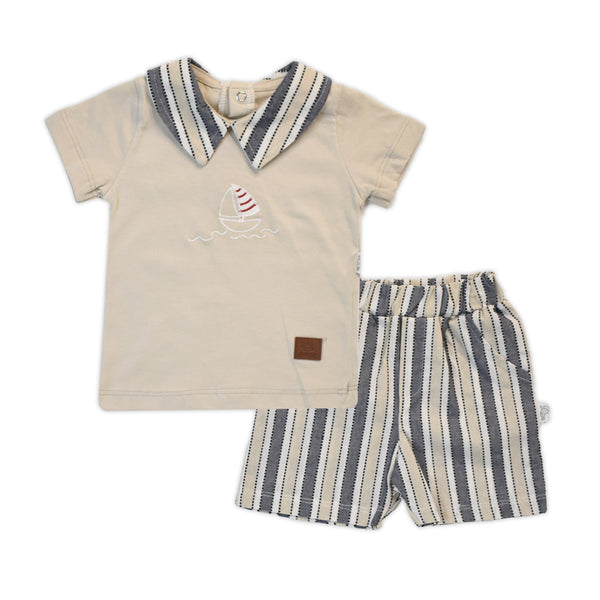 Ship embroidered Shirt with strip shorts Suit